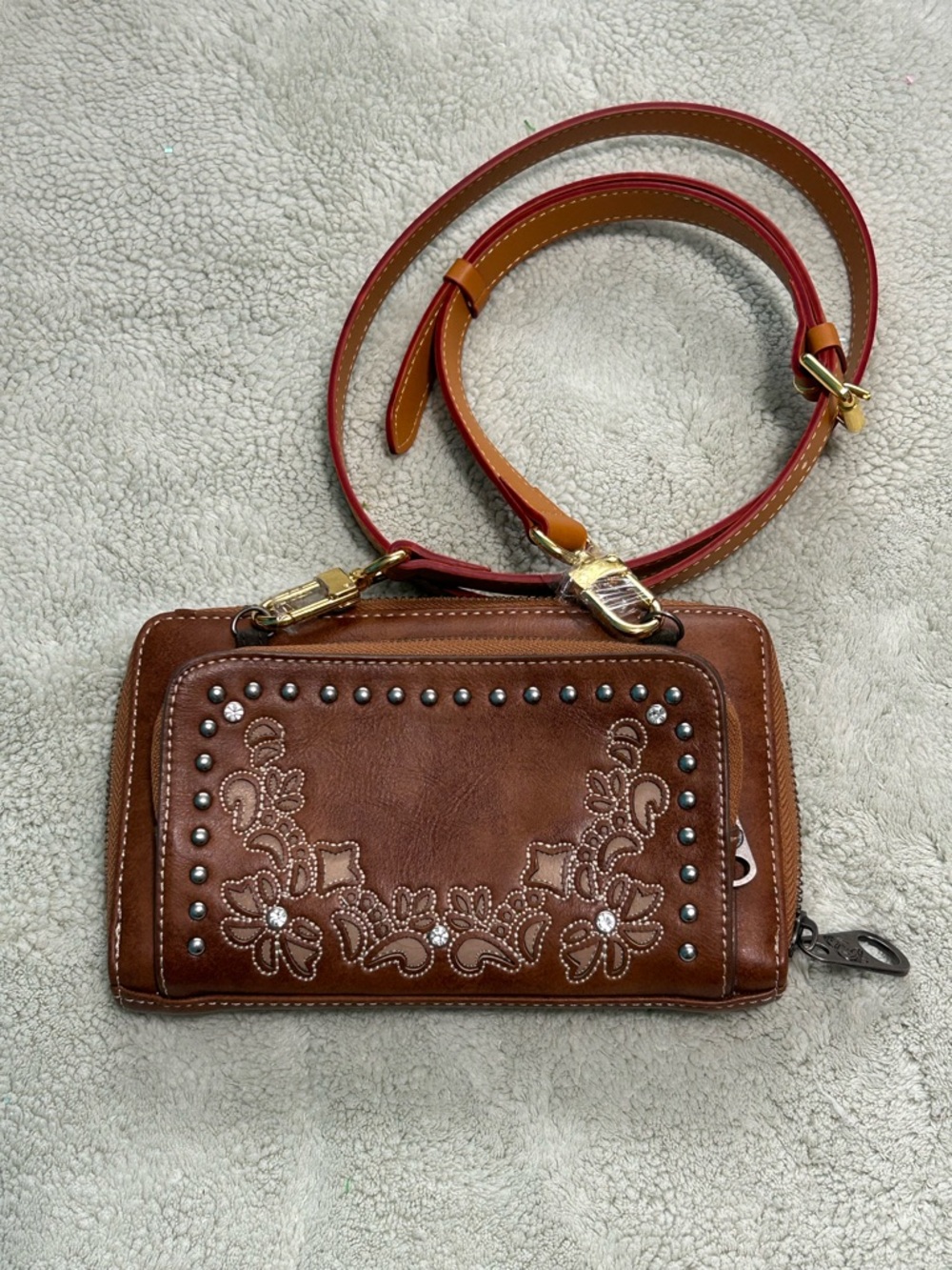 Shyanne Brown Embroidered Studded Crossbody Wallet with strap